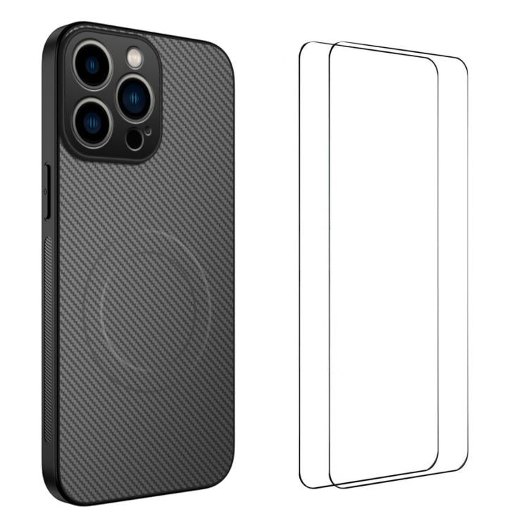 Custodia per telefono WANLONFENG serie TQ1 con texture in fibra di carbonio magnetica e 2 pellicole protettive per lo schermo., For iPhone 16 Pro, For iPhone 16, For iPhone 15 Pro Max, For iPhone 15 Pro, For iPhone 15, For iPhone 14