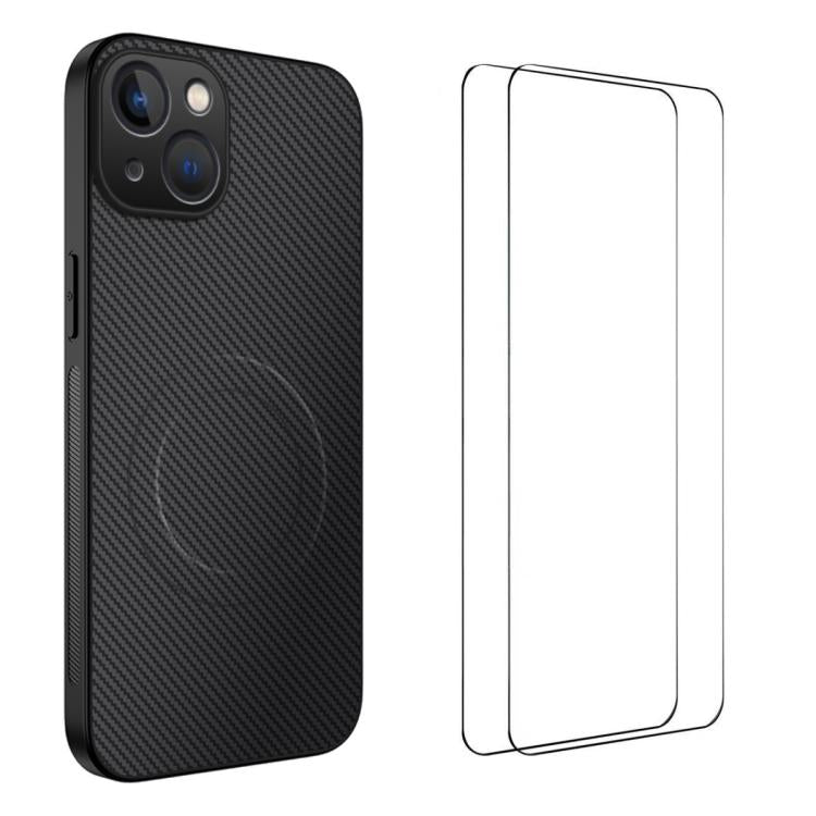 Custodia per telefono WANLONFENG serie TQ1 con texture in fibra di carbonio magnetica e 2 pellicole protettive per lo schermo., For iPhone 16 Pro, For iPhone 16, For iPhone 15 Pro Max, For iPhone 15 Pro, For iPhone 15, For iPhone 14