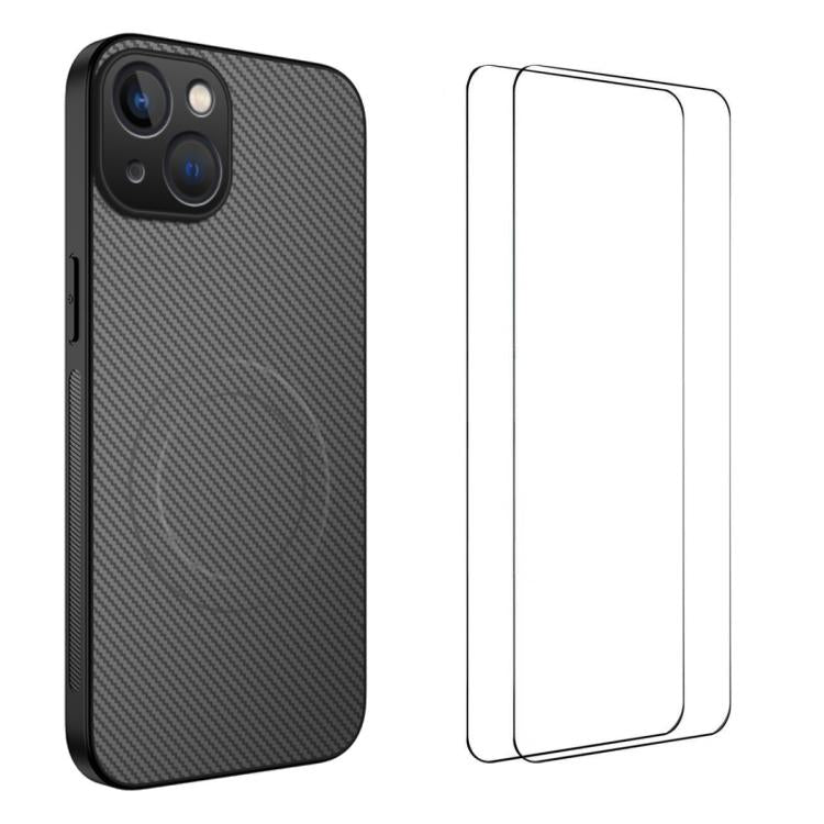 Custodia per telefono WANLONFENG serie TQ1 con texture in fibra di carbonio magnetica e 2 pellicole protettive per lo schermo., For iPhone 16 Pro, For iPhone 16, For iPhone 15 Pro Max, For iPhone 15 Pro, For iPhone 15, For iPhone 14