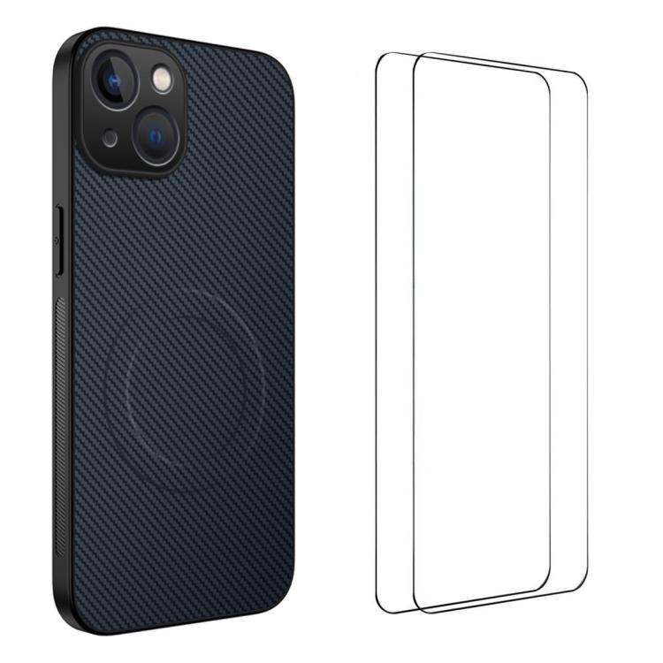 Custodia per telefono WANLONFENG serie TQ1 con texture in fibra di carbonio magnetica e 2 pellicole protettive per lo schermo., For iPhone 16 Pro, For iPhone 16, For iPhone 15 Pro Max, For iPhone 15 Pro, For iPhone 15, For iPhone 14