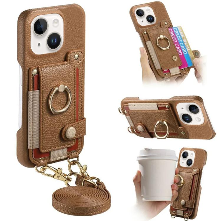 Custodia portafoglio in pelle vegana con anello per iPhone 15