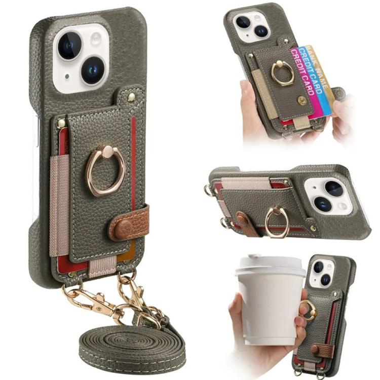 Custodia portafoglio in pelle vegana con anello per iPhone 15