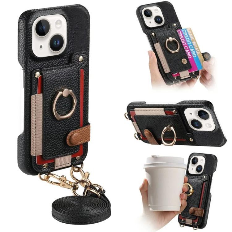 Custodia portafoglio in pelle vegana con anello per iPhone 15