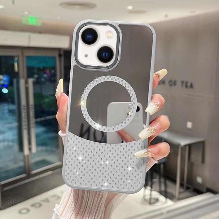 Custodia magnetica specchio con strass per iPhone 14