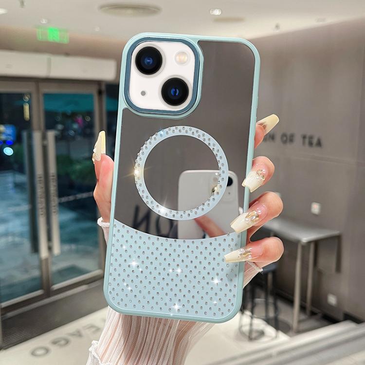 Custodia magnetica specchio con strass per iPhone 14