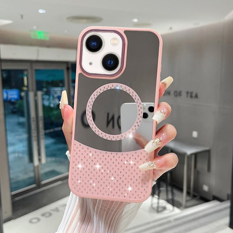 Custodia magnetica specchio con strass per iPhone 14