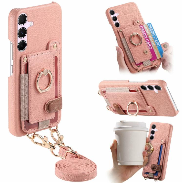 Portafoglio ad anello con texture litchi in pelle vegana + custodia per telefono in PC con tracolla, For Samsung Galaxy A57 5G, For Samsung Galaxy A56 5G, For Samsung Galaxy A26 5G