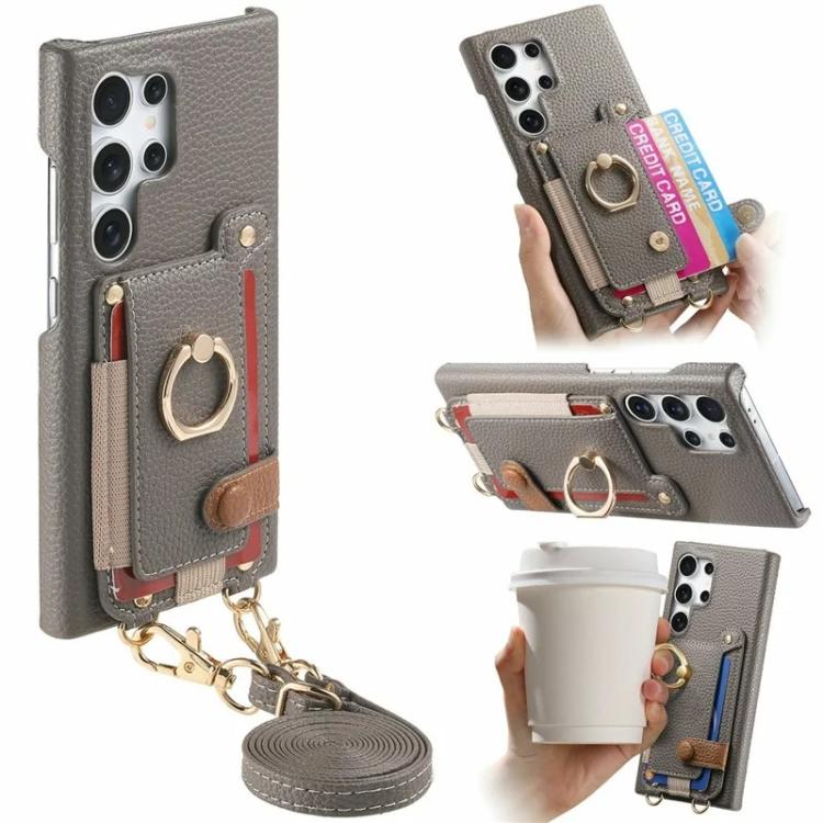 Portafoglio con anello effetto litchi in pelle vegana + custodia per telefono in PC con tracolla, For Samsung Galaxy S25+ 5G, For Samsung Galaxy S25 Ultra 5G, For Samsung Galaxy S24 5G