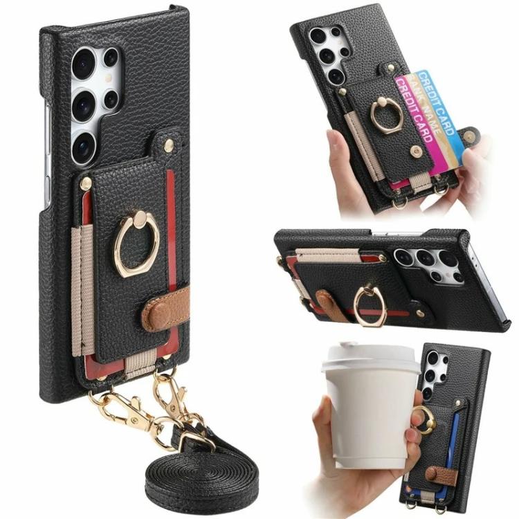 Portafoglio con anello effetto litchi in pelle vegana + custodia per telefono in PC con tracolla, For Samsung Galaxy S25+ 5G, For Samsung Galaxy S25 Ultra 5G, For Samsung Galaxy S24 5G