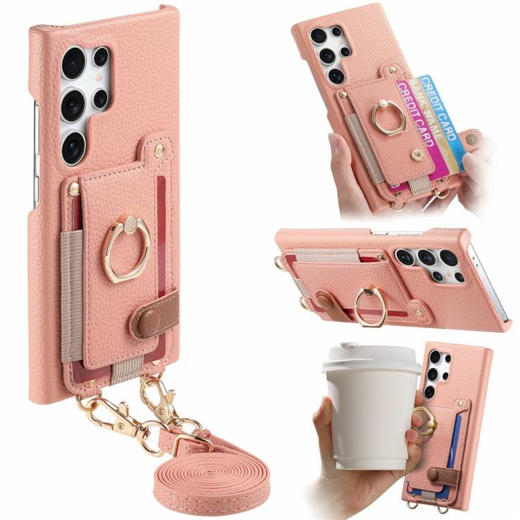 Portafoglio con anello effetto litchi in pelle vegana + custodia per telefono in PC con tracolla, For Samsung Galaxy S25+ 5G, For Samsung Galaxy S25 Ultra 5G, For Samsung Galaxy S24 5G