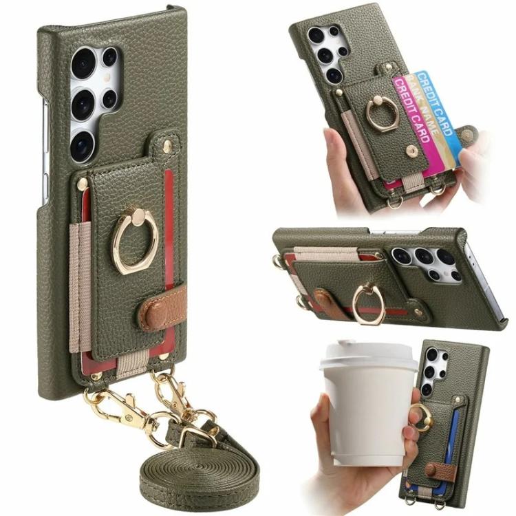 Portafoglio con anello effetto litchi in pelle vegana + custodia per telefono in PC con tracolla, For Samsung Galaxy S26+ 5G, For Samsung Galaxy S26 Ultra 5G, For Samsung Galaxy S25 5G