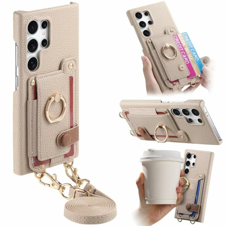Portafoglio con anello effetto litchi in pelle vegana + custodia per telefono in PC con tracolla, For Samsung Galaxy S26+ 5G, For Samsung Galaxy S26 Ultra 5G, For Samsung Galaxy S25 5G