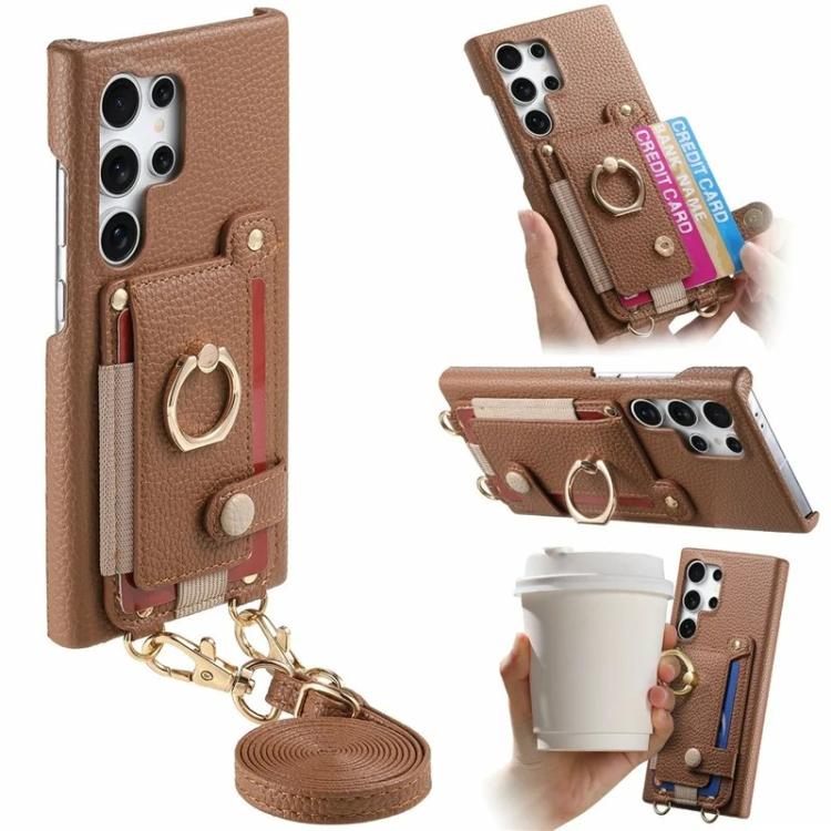 Portafoglio con anello effetto litchi in pelle vegana + custodia per telefono in PC con tracolla, For Samsung Galaxy S26+ 5G, For Samsung Galaxy S26 Ultra 5G, For Samsung Galaxy S25 5G