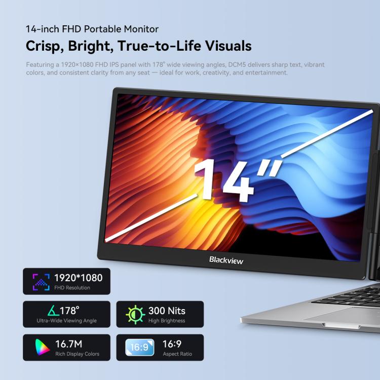 Blackview DCM5 14 inch Dual Monitor Portable Laptop Screen Extender with Speaker, DCM5