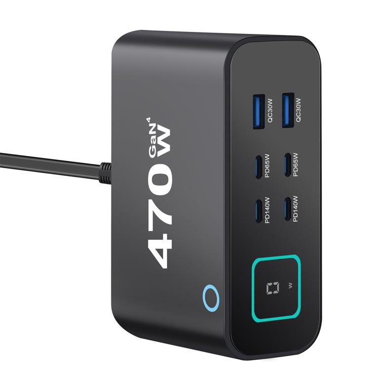 Caricabatterie multifunzione GaN da 470 W YMX-615-LCD470W con 4 porte Type-C e 2 porte USB., AU Plug, EU Plug, UK Plug, US Plug