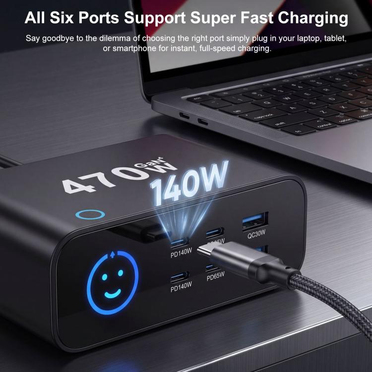 Caricabatterie multifunzione GaN da 470 W YMX-615-LCD470W con 4 porte Type-C e 2 porte USB., AU Plug, EU Plug, UK Plug, US Plug