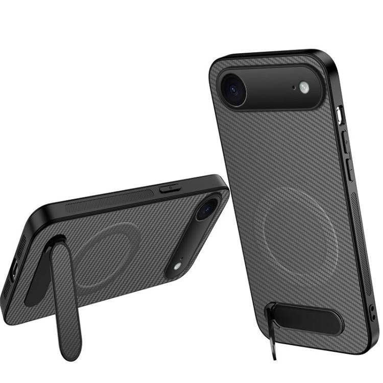 Custodia per telefono magnetica con supporto WANLONFENG e texture in fibra di carbonio., For iPhone 17e / 16e, For iPhone 17 Pro Max, For iPhone 17 Pro, For iPhone 17, For iPhone Air, For iPhone 16 Pro Max