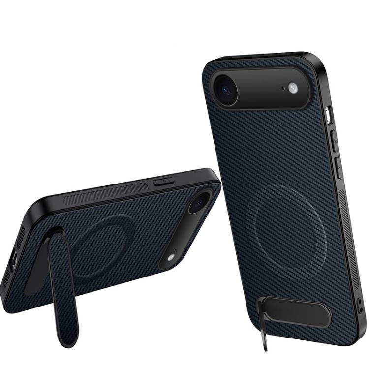 Custodia per telefono magnetica con supporto WANLONFENG e texture in fibra di carbonio., For iPhone 17e / 16e, For iPhone 17 Pro Max, For iPhone 17 Pro, For iPhone 17, For iPhone Air, For iPhone 16 Pro Max