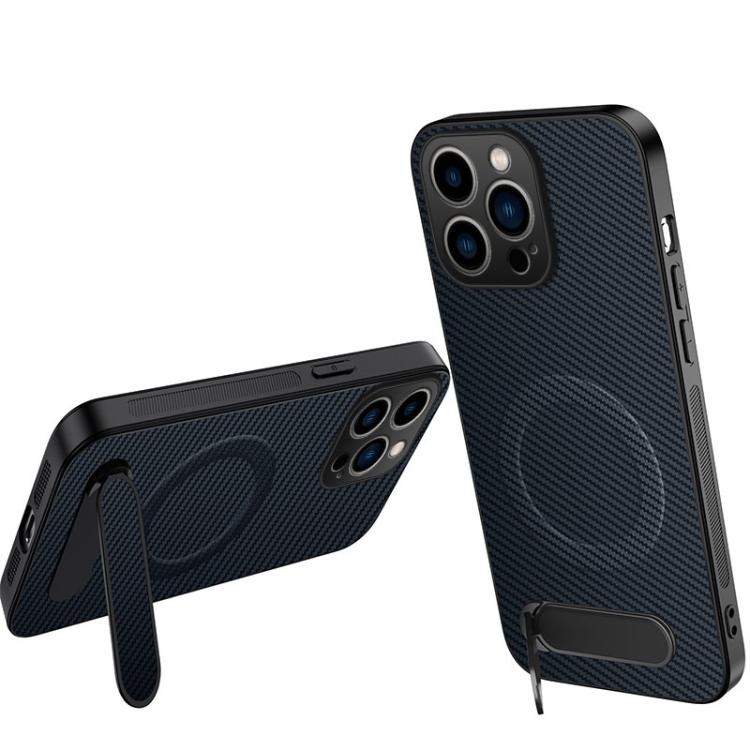 Custodia per telefono magnetica con supporto WANLONFENG e texture in fibra di carbonio., For iPhone 17e / 16e, For iPhone 17 Pro Max, For iPhone 17 Pro, For iPhone 17, For iPhone Air, For iPhone 16 Pro Max