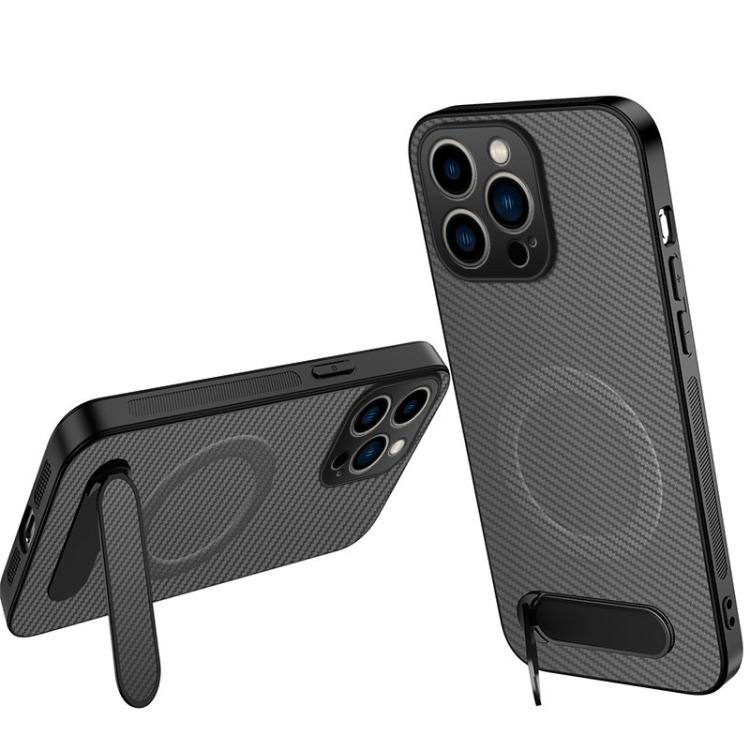 Custodia per telefono magnetica con supporto WANLONFENG e texture in fibra di carbonio., For iPhone 16 Pro, For iPhone 16, For iPhone 15 Pro Max, For iPhone 15 Pro, For iPhone 15, For iPhone 14