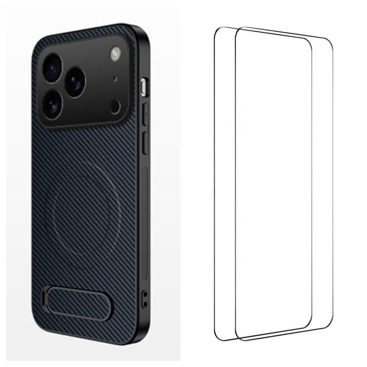 WANLONFENG Custodia per telefono magnetica con supporto integrato e texture in fibra di carbonio, con 2 pellicole protettive per lo schermo incluse., For iPhone 17e / 16e, For iPhone 17 Pro Max, For iPhone 17 Pro, For iPhone 17, For iPhone Air         ...