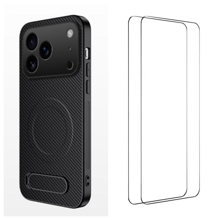 WANLONFENG Custodia per telefono magnetica con supporto integrato e texture in fibra di carbonio, con 2 pellicole protettive per lo schermo incluse., For iPhone 17e / 16e, For iPhone 17 Pro Max, For iPhone 17 Pro, For iPhone 17, For iPhone Air         ...
