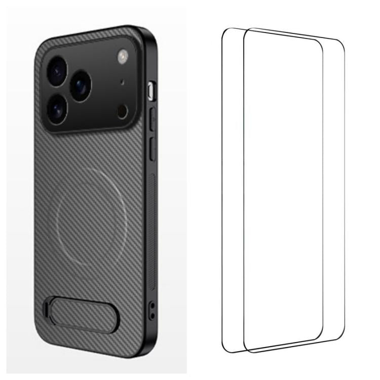 WANLONFENG Custodia per telefono magnetica con supporto integrato e texture in fibra di carbonio, con 2 pellicole protettive per lo schermo incluse., For iPhone 17e / 16e, For iPhone 17 Pro Max, For iPhone 17 Pro, For iPhone 17, For iPhone Air         ...