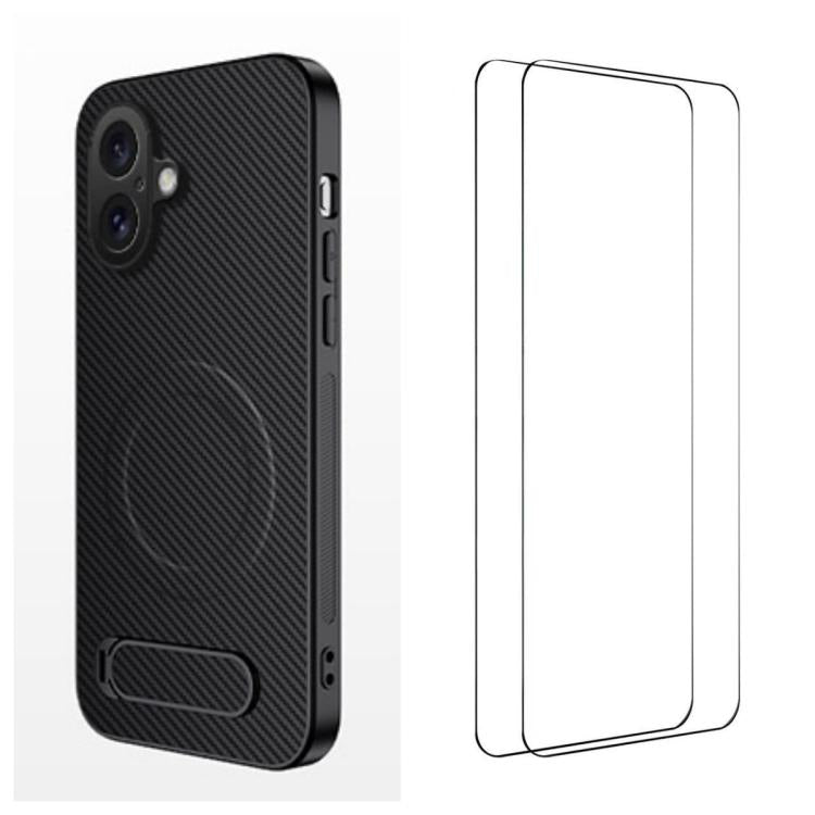 WANLONFENG Custodia per telefono magnetica con supporto integrato e texture in fibra di carbonio, con 2 pellicole protettive per lo schermo incluse., For iPhone 16 Pro, For iPhone 16, For iPhone 15 Pro Max, For iPhone 15 Pro, For iPhone 15, For iPhone 14