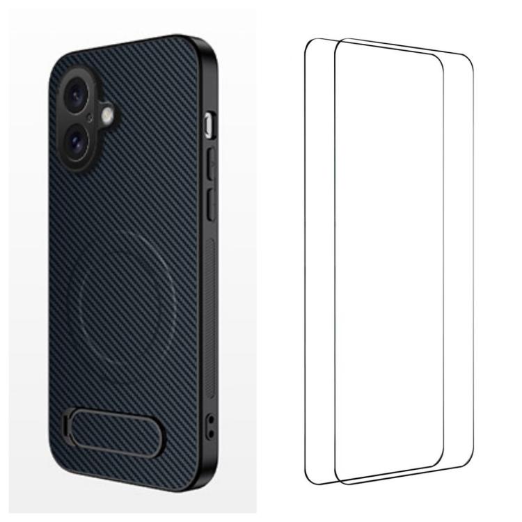 WANLONFENG Custodia per telefono magnetica con supporto integrato e texture in fibra di carbonio, con 2 pellicole protettive per lo schermo incluse., For iPhone 16 Pro, For iPhone 16, For iPhone 15 Pro Max, For iPhone 15 Pro, For iPhone 15, For iPhone 14