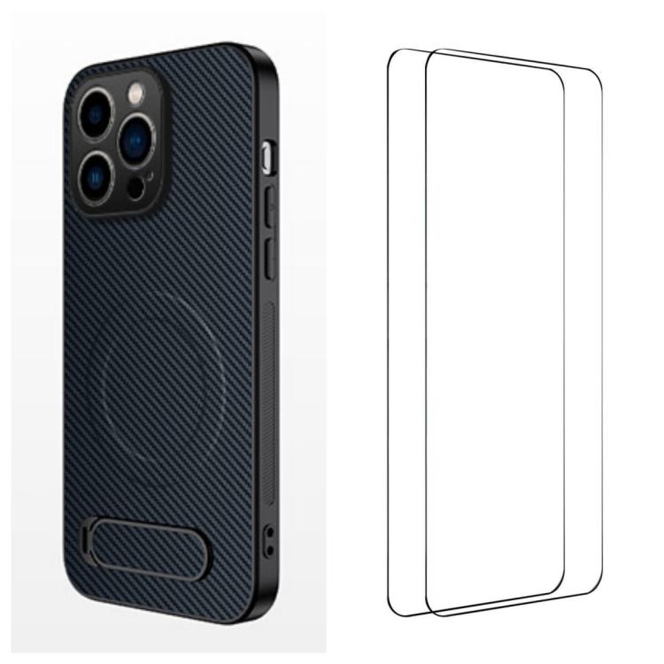 WANLONFENG Custodia per telefono magnetica con supporto integrato e texture in fibra di carbonio, con 2 pellicole protettive per lo schermo incluse., For iPhone 16 Pro, For iPhone 16, For iPhone 15 Pro Max, For iPhone 15 Pro, For iPhone 15, For iPhone 14