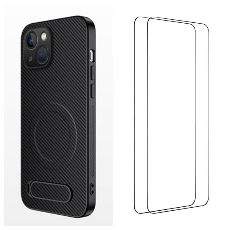 WANLONFENG Custodia per telefono magnetica con supporto integrato e texture in fibra di carbonio, con 2 pellicole protettive per lo schermo incluse., For iPhone 16 Pro, For iPhone 16, For iPhone 15 Pro Max, For iPhone 15 Pro, For iPhone 15, For iPhone 14