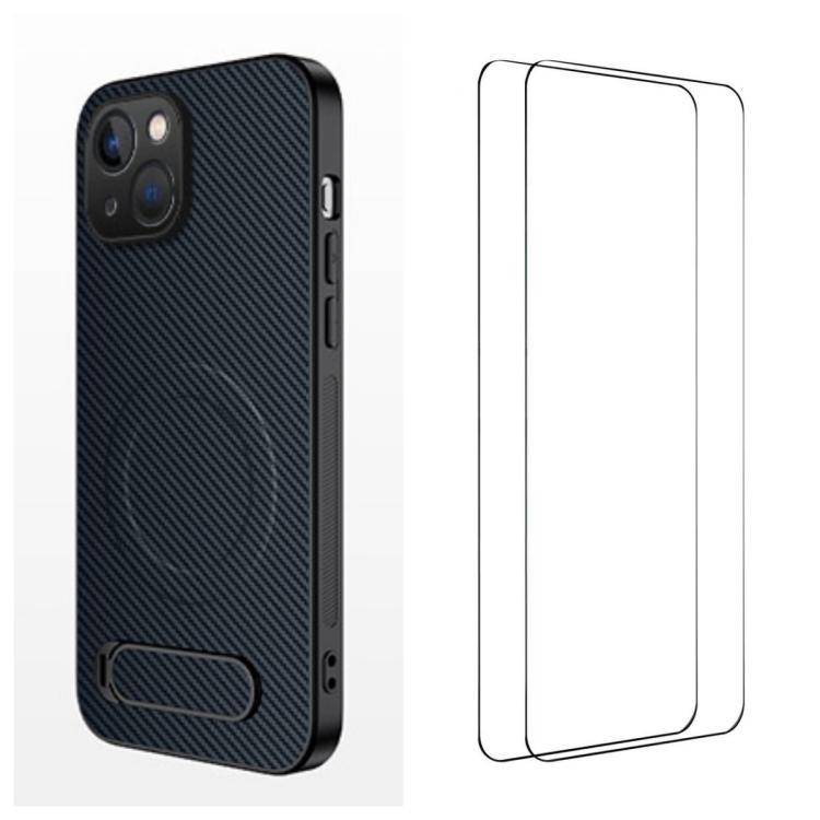 WANLONFENG Custodia per telefono magnetica con supporto integrato e texture in fibra di carbonio, con 2 pellicole protettive per lo schermo incluse., For iPhone 16 Pro, For iPhone 16, For iPhone 15 Pro Max, For iPhone 15 Pro, For iPhone 15, For iPhone 14