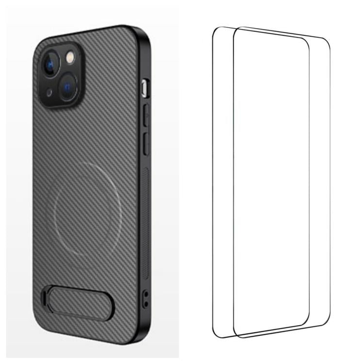 WANLONFENG Custodia per telefono magnetica con supporto integrato e texture in fibra di carbonio, con 2 pellicole protettive per lo schermo incluse., For iPhone 16 Pro, For iPhone 16, For iPhone 15 Pro Max, For iPhone 15 Pro, For iPhone 15, For iPhone 14