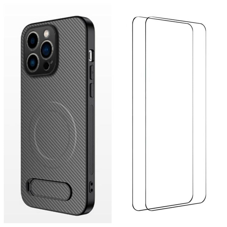 WANLONFENG Custodia per telefono magnetica con supporto integrato e texture in fibra di carbonio, con 2 pellicole protettive per lo schermo incluse., For iPhone 14 Pro, For iPhone 14 Pro Max, For iPhone 13 Pro Max, For iPhone 13 Pro, For iPhone 13