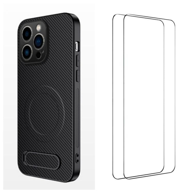 WANLONFENG Custodia per telefono magnetica con supporto integrato e texture in fibra di carbonio, con 2 pellicole protettive per lo schermo incluse., For iPhone 14 Pro, For iPhone 14 Pro Max, For iPhone 13 Pro Max, For iPhone 13 Pro, For iPhone 13
