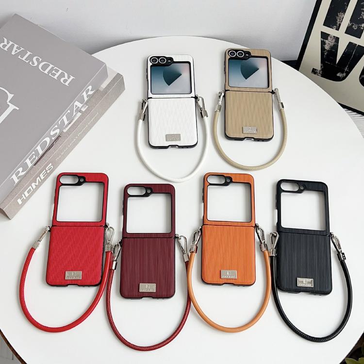 Custodia per telefono con cinturino e fibbia laterale a trama verticale con targhetta identificativa., For Samsung Galaxy Z Flip7 FE/6, For Samsung Galaxy Z Flip7 5G, For Samsung Galaxy Z Flip5