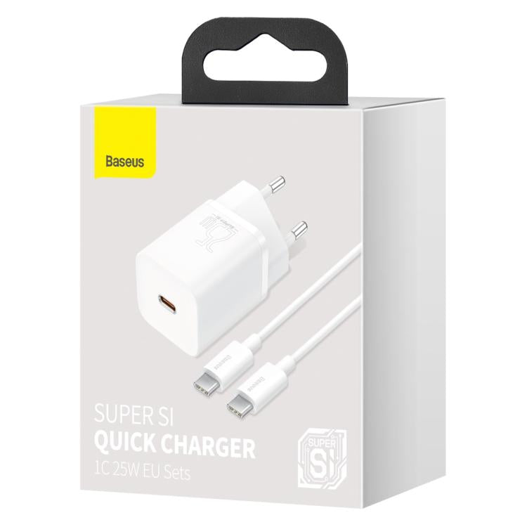 Caricabatterie rapido Baseus Super Si Type-C da 25 W con cavo da Type-C a Type-C da 1 m e spina europea.