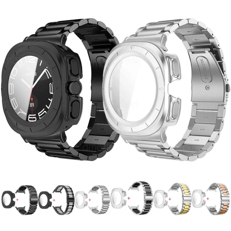 Cinturino per orologio in acciaio inossidabile con tre perline e custodia in policarbonato integrata., For Samsung Galaxy Watch Ultra / Ultra 2025
