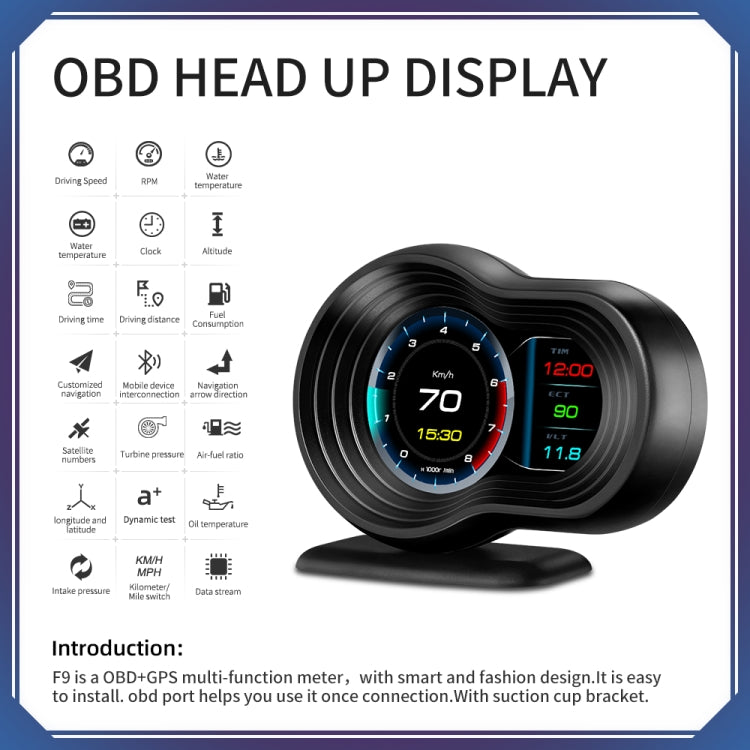 F9 OBD2 + Modalità GPS Car HUD Head-up Display Visualizzazione velocità/temperatura acqua/tensione, F9 OBD2 GPS
