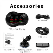 F9 OBD2 + Modalità GPS Car HUD Head-up Display Visualizzazione velocità/temperatura acqua/tensione, F9 OBD2 GPS