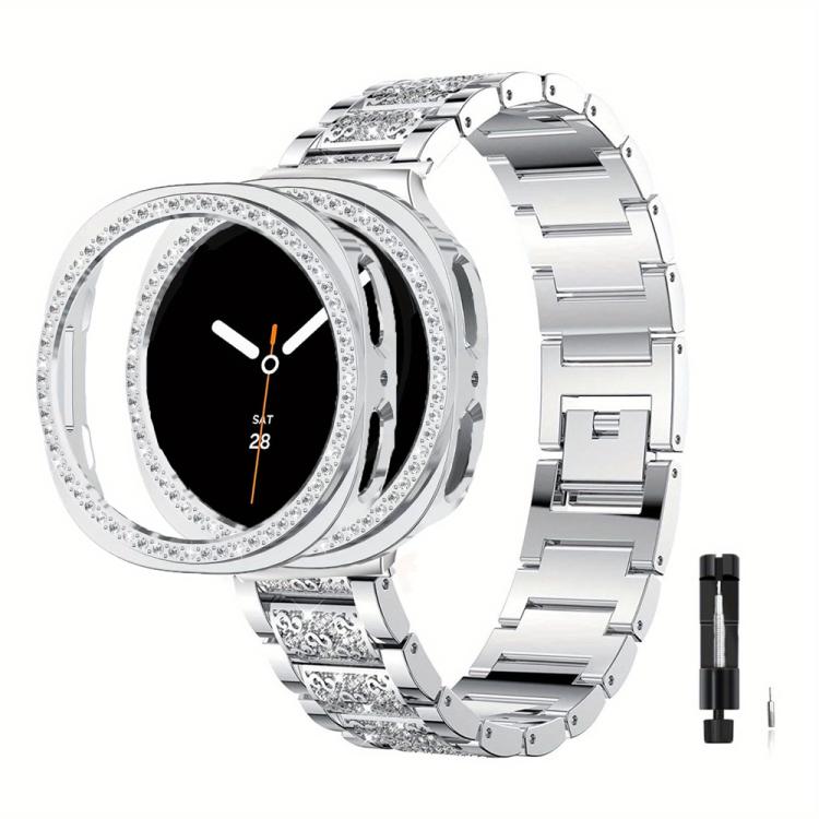 Cinturino per orologio in metallo con tre perline di diamanti, cassa cava con diamanti e set per la rimozione delle maglie del cinturino, For Samsung Galaxy Watch8 44mm, For Samsung Galaxy Watch8 40mm