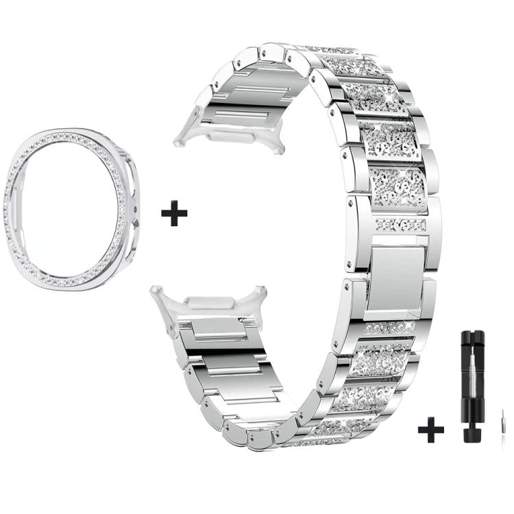 Cinturino per orologio in metallo con tre perline di diamanti, cassa cava con diamanti e set per la rimozione delle maglie del cinturino, For Samsung Galaxy Watch8 44mm, For Samsung Galaxy Watch8 40mm