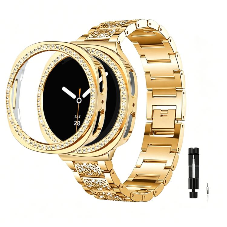 Cinturino per orologio in metallo con tre perline di diamanti, cassa cava con diamanti e set per la rimozione delle maglie del cinturino, For Samsung Galaxy Watch8 44mm, For Samsung Galaxy Watch8 40mm