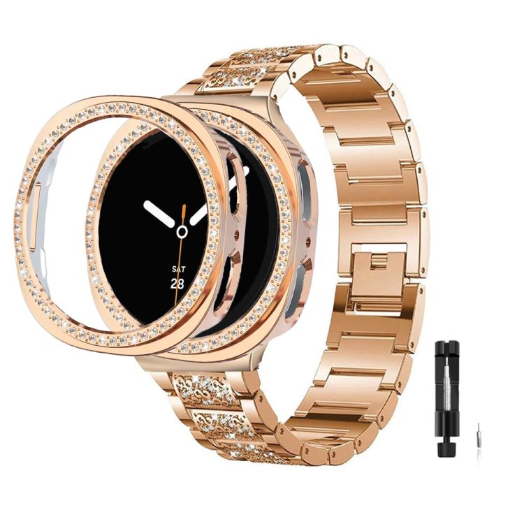 Cinturino per orologio in metallo con tre perline di diamanti, cassa cava con diamanti e set per la rimozione delle maglie del cinturino, For Samsung Galaxy Watch8 44mm, For Samsung Galaxy Watch8 40mm