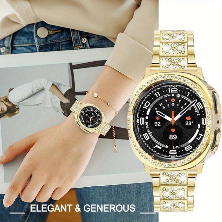 Cinturino per orologio in metallo con tre perline di diamanti, cassa cava con diamanti e set per la rimozione delle maglie del cinturino, For Samsung Galaxy Watch8 44mm, For Samsung Galaxy Watch8 40mm