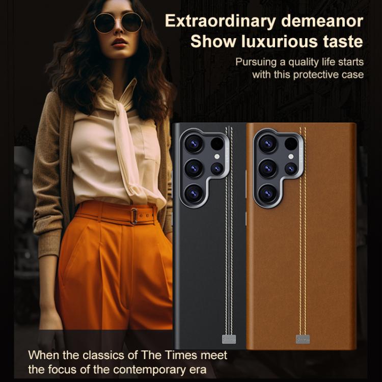Custodia per telefono magnetica con cornice in metallo testurizzata in similpelle vegana stile retrò della serie Jazz., For Samsung Galaxy S25+ 5G / S24 5G, For Samsung Galaxy S25 Ultra 5G, For Samsung Galaxy S24 Ultra 5G, For Samsung Galaxy S23 Ultra 5G