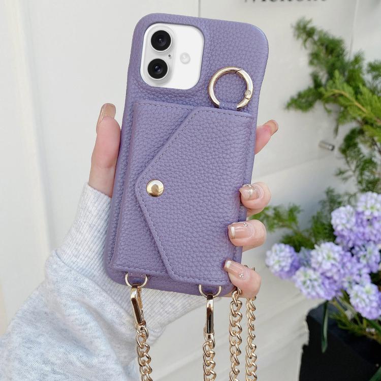 Portafoglio a tracolla con specchietto e custodia posteriore per telefono in ecopelle effetto litchi., For iPhone 16 Pro Max, For iPhone 16 Pro, For iPhone 16 Plus, For iPhone 16