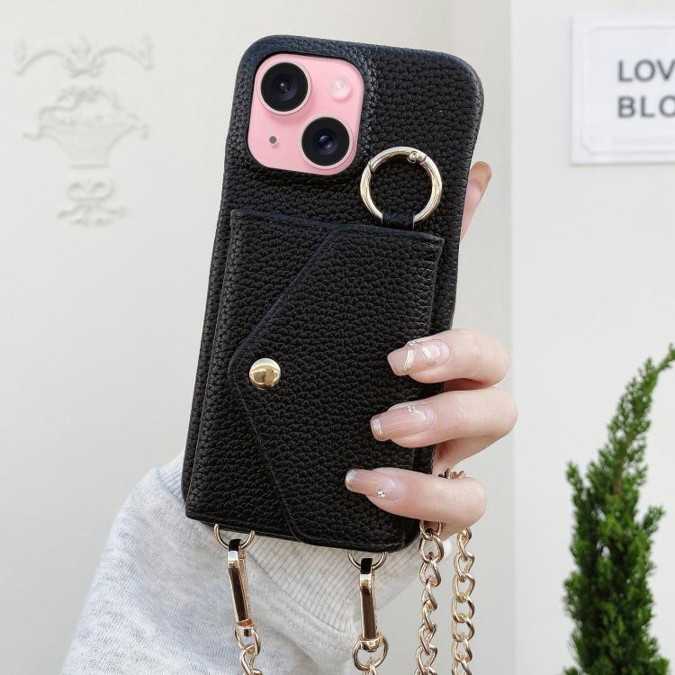 Portafoglio a tracolla con specchietto e custodia posteriore per telefono in ecopelle effetto litchi., For iPhone 15 Pro Max, For iPhone 15 Pro, For iPhone 15 Plus, For iPhone 15
