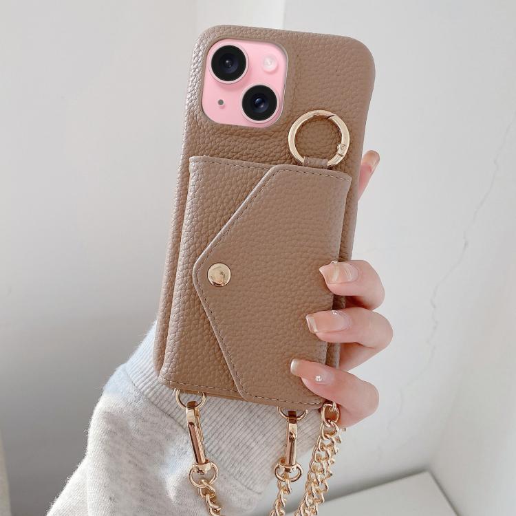 Portafoglio a tracolla con specchietto e custodia posteriore per telefono in ecopelle effetto litchi., For iPhone 15 Pro Max, For iPhone 15 Pro, For iPhone 15 Plus, For iPhone 15