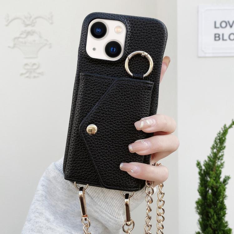 Portafoglio a tracolla con specchietto e custodia posteriore per telefono in ecopelle effetto litchi., For iPhone 14 Plus, For iPhone 14, For iPhone 14 Pro, For iPhone 14 Pro Max